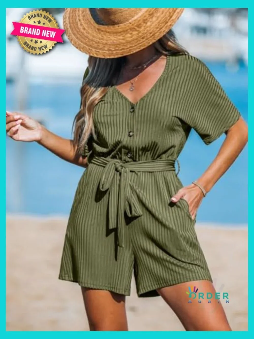Ribbed V-Neck Romper Short Sleeve Casual Dressy Jumpsuit with Waist Tie